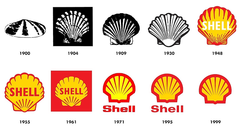 Bildet viser hvordan Shell-emblemet har endret seg fra 1900 til det nåværende emblemet