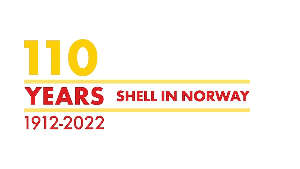Dekorativ tekst i gult og rødt: Shell in Norway, 110 years, 1912-2022