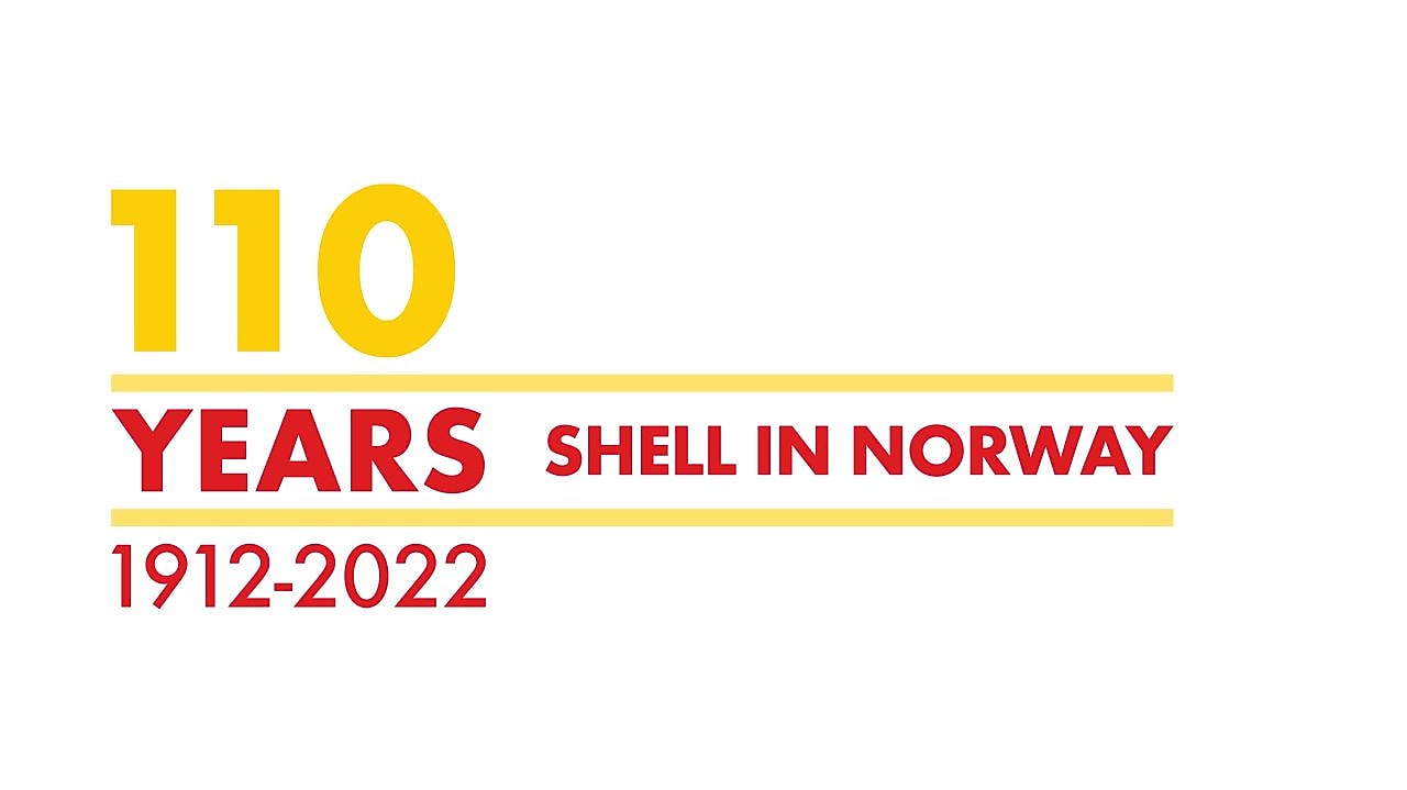 Dekorativ tekst i gult og rødt: Shell in Norway, 110 years, 1912,2022