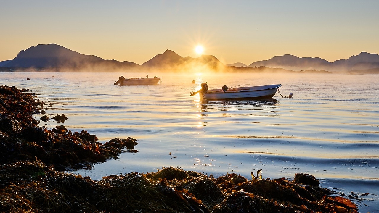 båt, sjø, solnedgang