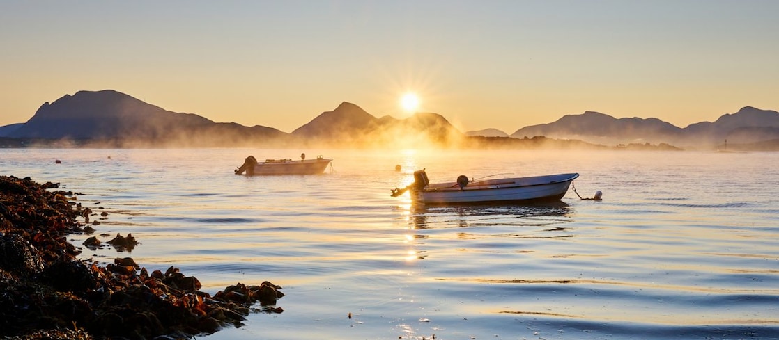 båt, sjø, solnedgang